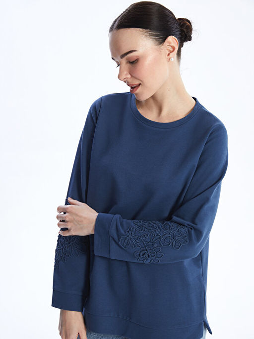 Bisiklet Yaka Nak??l? Uzun Kollu Kad?n Sweatshirt
