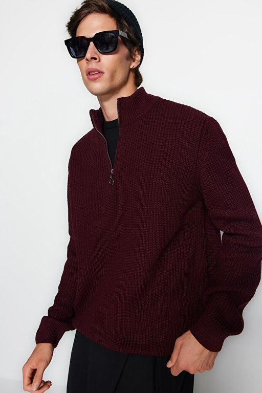 Bordo Casual Regular Fit Yar_m Bal_k__ Fermuarl_ Yaka Kazak TMNAW22KZ1908 - Trendyolmilla фото 2