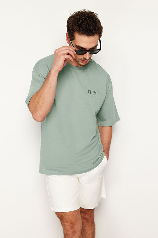 Koyu Mint Oversize %100 Pamuklu Bisiklet Yaka Minimal Yaz_ Bask_l_ Tok Kuma_ T-shirt TMNSS23TS00084 - Trendyolmilla фото 2