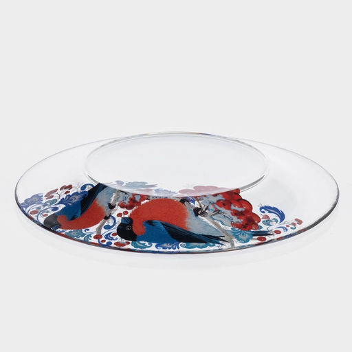 Тарелка новогодняя сервировочная Снегири на рябине, d=19.6 см, стекло