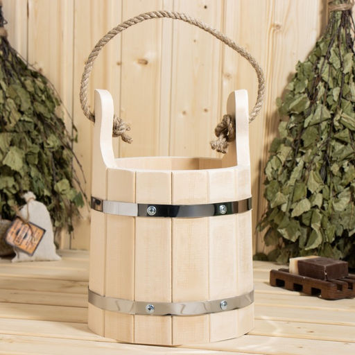 Ведро - запарник для бани и сауны «Емеля», 5 л, липа, нержавеющий обруч, ручка - верёвка, «Добропаровъ»