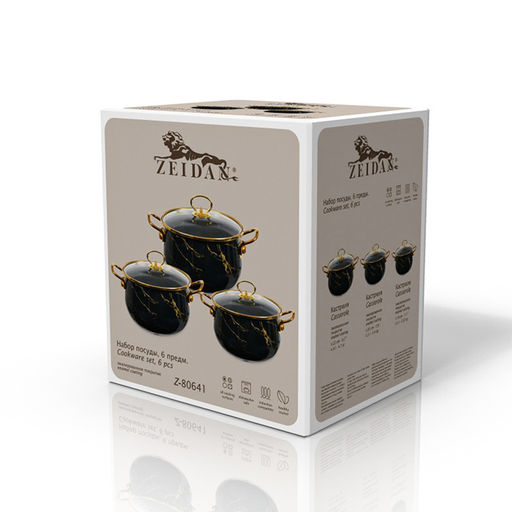 Набор кастрюль эмаль ZEIDAN 6 пр (2,4л, 3,2л, 4,4л) с крыш, арт. Z-80641 Black marble