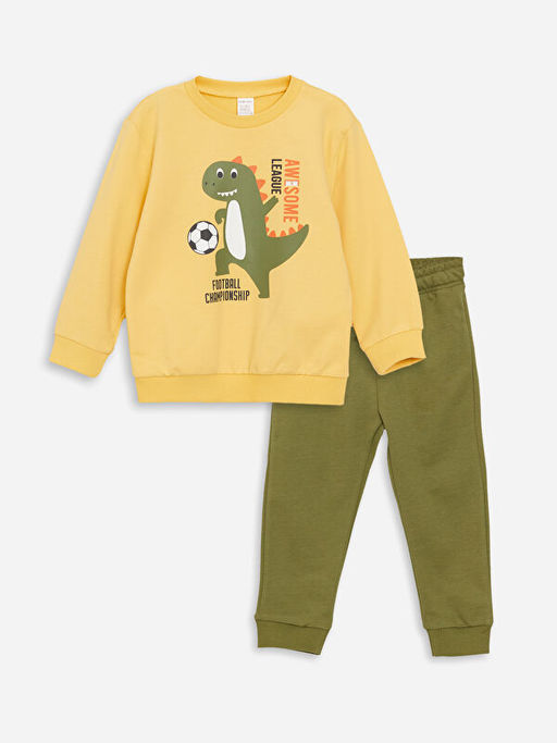 Bisiklet Yaka Uzun Kollu Dinazor Bask?l? Erkek Bebek Sweatshirt ve Pantolon 2li Tak?m
