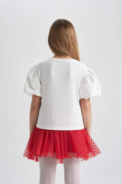 Белая футболка облегающего кроя с круглым вырезом в рубчик и короткими рукавами для девочек - Defacto фото 8