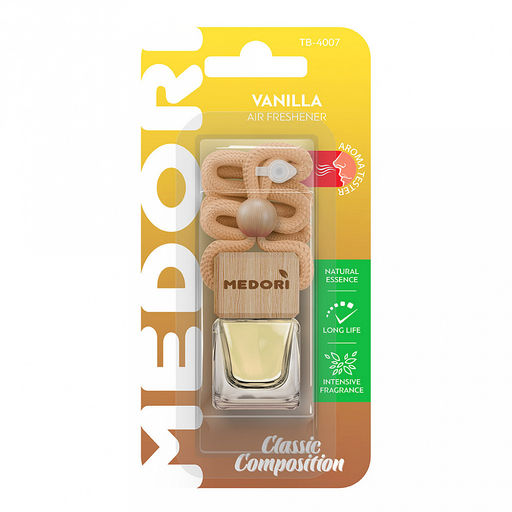 Ароматизатор автомобильный подвесной Бутылочка Vanilla 8х2,5х17,5см, на шнурке, с пробником аромата, в блистере, Medori (Россия)