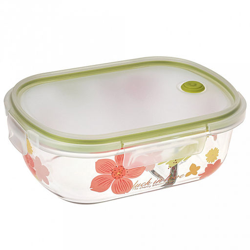 Лак ин лав (Luck in love) Ланч-бокс для продуктов (контейнер) стеклянный, 2 отделения, 1л, 20,5х14,5см h6,4см, боросиликатное стекло, с деколью, прямоугольный, пластмассовая крышка с пароотводом, герметичная, с клипсами, с силиконовым уплотнителем