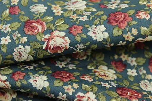 Импорт. хлопок "Розы кораллово-терракотовые" цв.т.зеленая морская волна, ш.1.45м, хл-100%