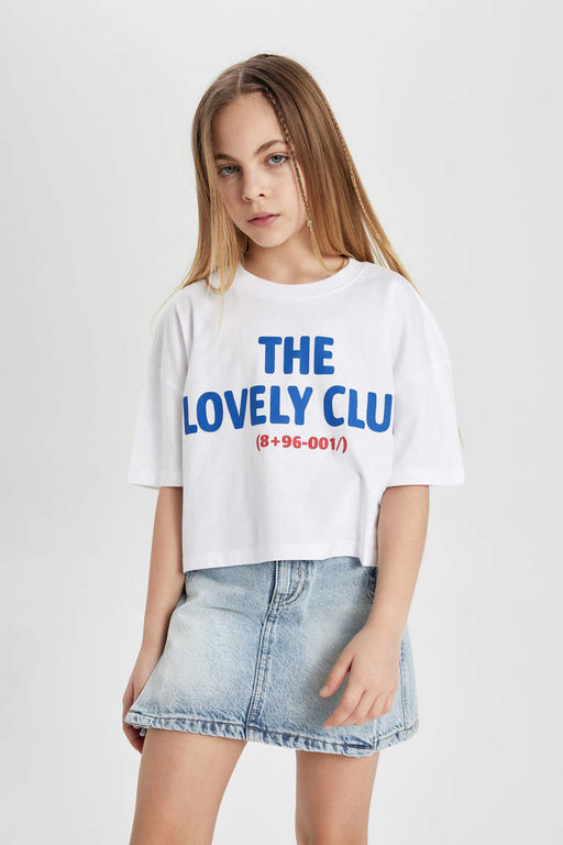 Укороченная футболка с короткими рукавами и принтом для девочек - Defacto фото 3