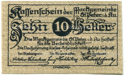 Банкнота 10 геллеров 1920 года Австрия  Санкт-Петер-ин-дер-Ау (нотгельд)