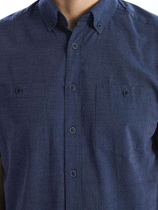 Regular Fit K?sa Kollu Keten G?r?n?ml? Erkek G?mlek