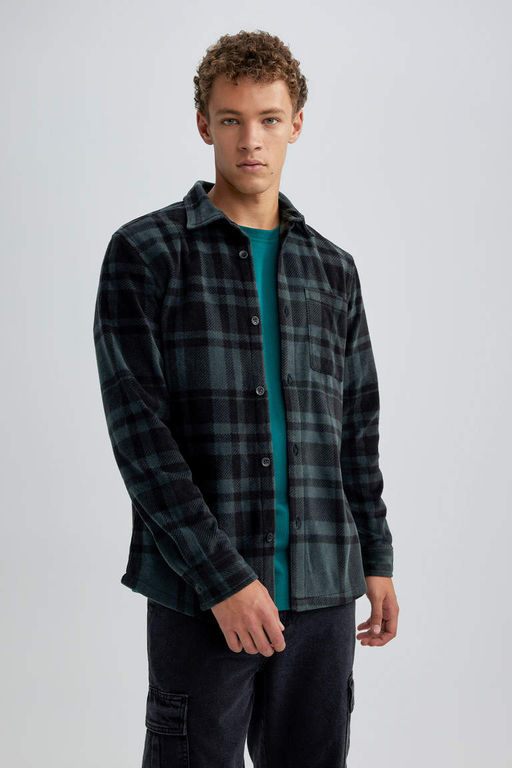 Флисовая рубашка обычного кроя с длинным рукавом в клетку - Defacto фото 3