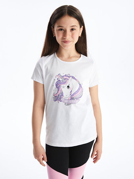 Bisiklet Yaka Bask?l? K?sa Kollu K?z ?ocuk Ti??rt