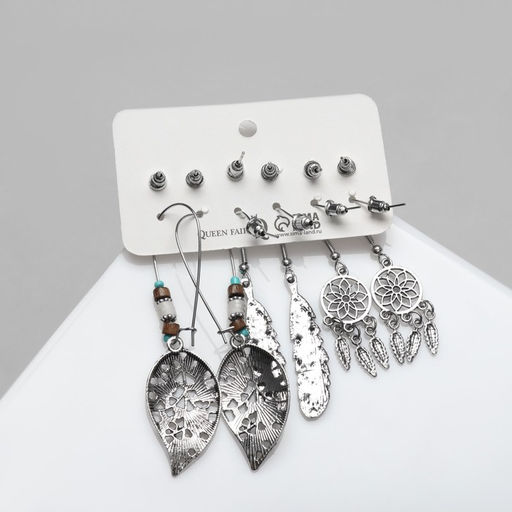 Набор серег QF «Хиппи», 6 пар, ловец снов, цветные в чернёном серебре