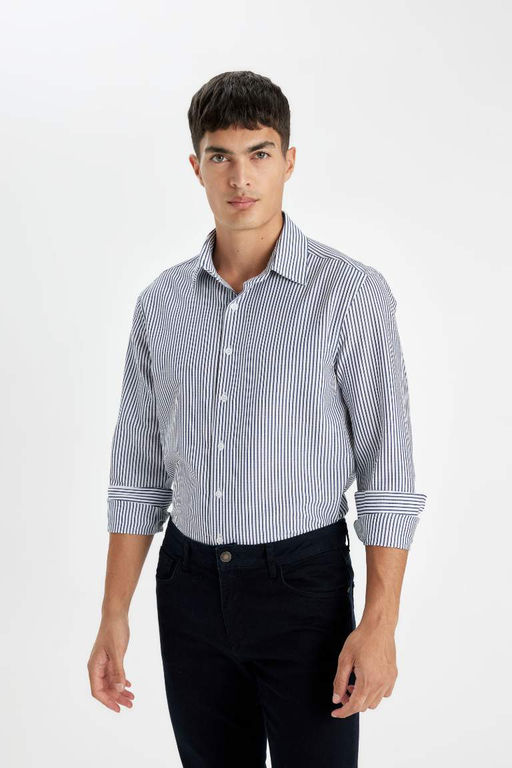 Рубашка с длинными рукавами и жатым воротником поло Modern Fit - Defacto фото 4