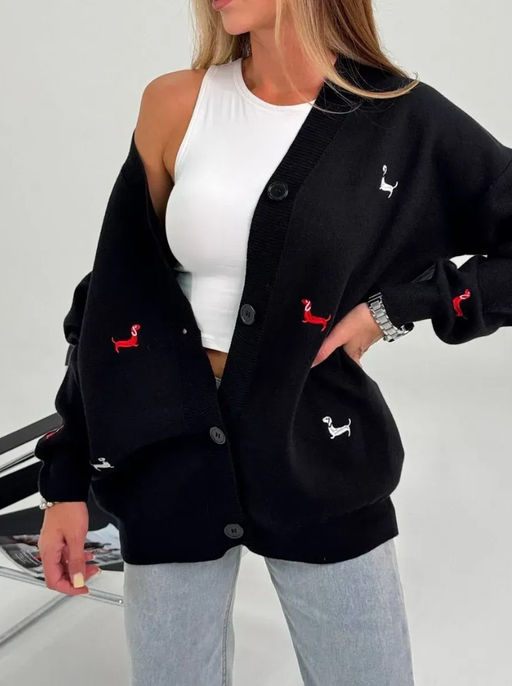 K13560 Кардиган с вышивкой (вязаный трикотаж) ЧЕРНЫЙ