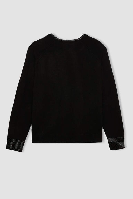 Женский черный свитер-туника стандартного кроя с круглым вырезом и рукавами реглан - Defacto фото 15