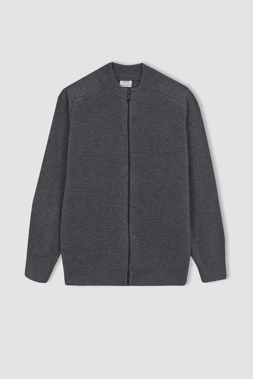 Серый школьный кардиган из хлопкового трикотажа с воротником колледжа для мальчика - Defacto фото 6