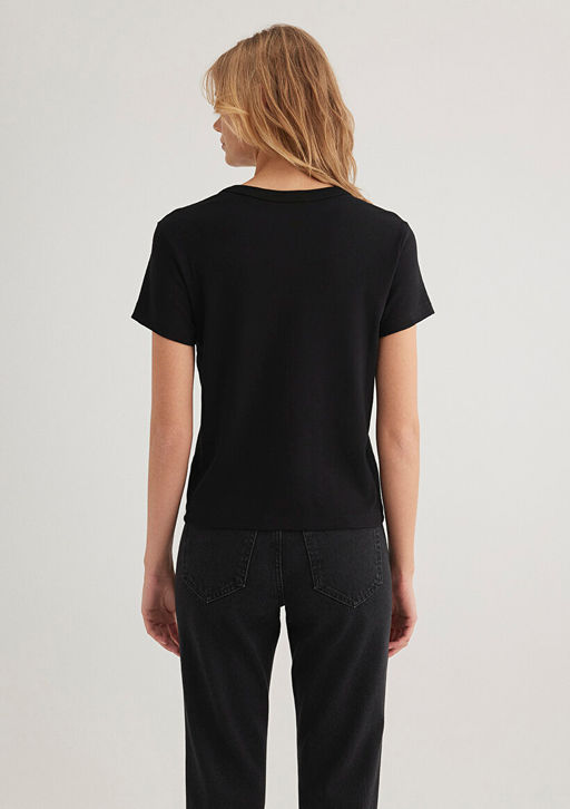 Bisiklet Yaka Siyah Basic Tisort - Mavi фото 4