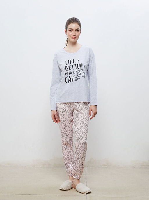 Bisiklet Yaka Bask?l? Kad?n Pijama Tak?m?