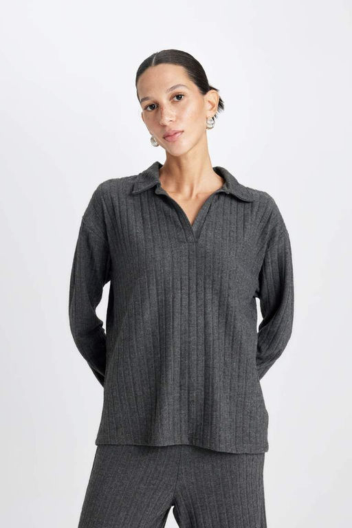 Женская антрацитовая повседневная футболка с воротником поло в рубчик и длинными рукавами - Defacto фото 3