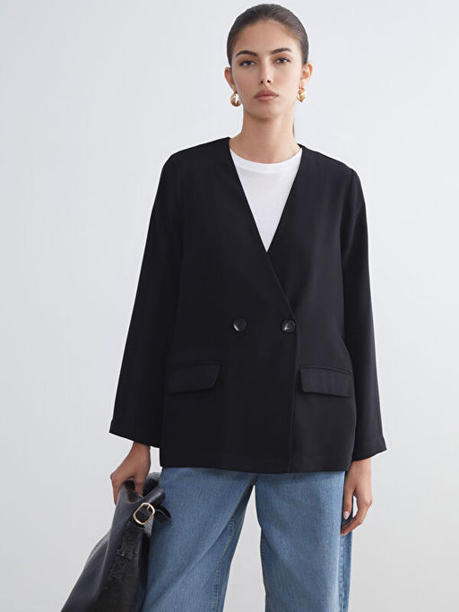 V Yaka Krep Kad?n Blazer Ceket
