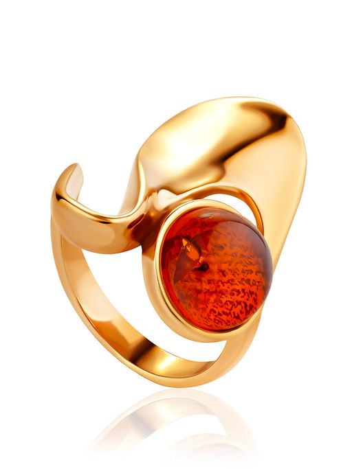Яркое оригинальное кольцо-волна Маверикс с коньячным янтарём