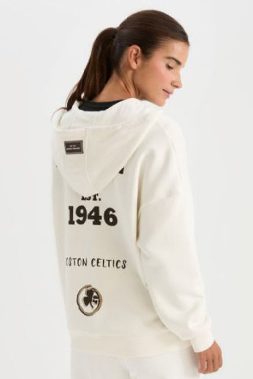 DeFactoFit NBA Boston Celtics Oversize Genis Kal?p Kapusonlu S?rt Bask?l? Kal?n Fermuarl? Sweatshirt
