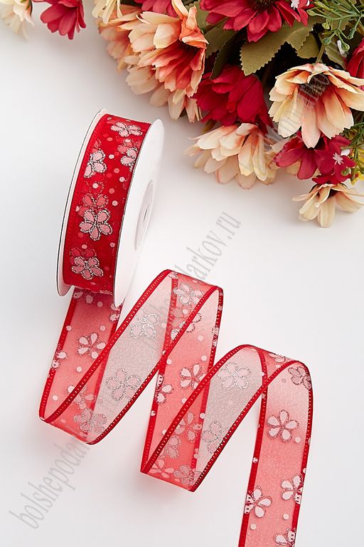 Лента органза 2,5 см*20 ярд "Цветочки" с блестками (SF-717) красный №26