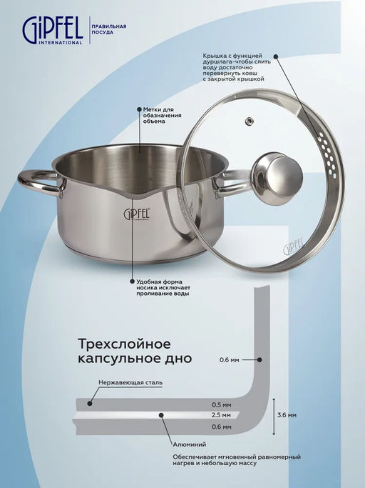1248 GIPFEL Кастрюля COCKTAIL 20x9,5см/2,7л со стеклянной крышкой, с индукционным капсульным дном. Материал: нерж. сталь 18/10. Толщина: 0,6мм / 2,5мм фото 4