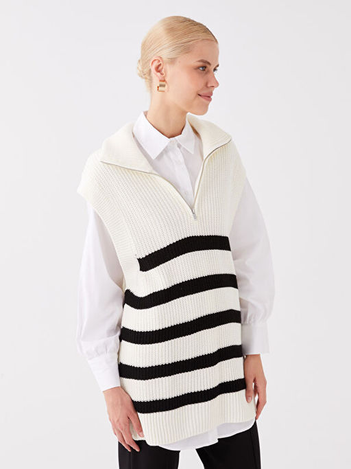 Dik Yaka ?izgili Oversize Kad?n Triko S?veter