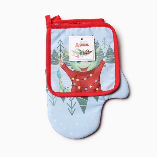 Набор кух. Доляна Счастливый дракон: варежка 20х28 см, прихватка 17х17 см, 35% хл, 65% пэ  фото 6