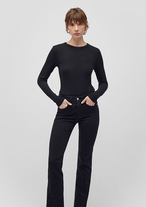 Uzun Kollu Siyah Basic Tisort - Mavi фото 3