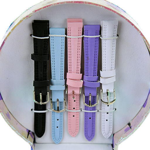 Набор подарочный для девочек: часы наручные кварцевые 20х2,3см со сменными цветными ремешками из кожзама - 5 штук, со сменными цветными металлическими кольцами - 5 штук, в подарочной коробке (Китай) - Домашняя мода фото 3