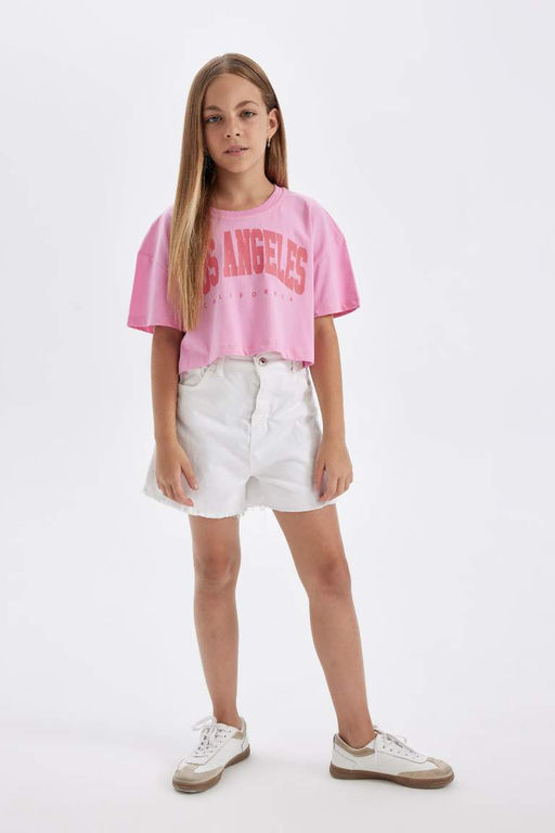 Укороченная футболка с короткими рукавами и принтом для девочек с круглым вырезом - Defacto фото 2