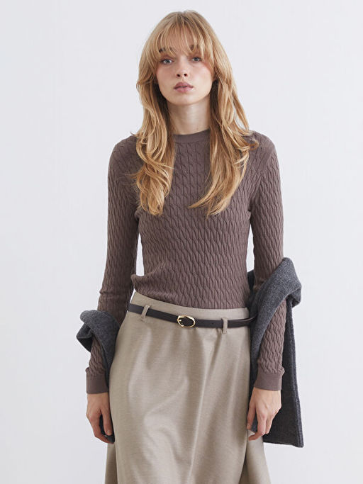 Bisiklet Yaka Kendinden Desenli Kad?n Triko Kazak