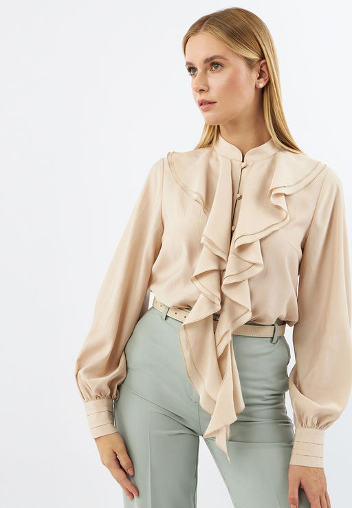 Блузкас отлетными рюшами OD-914-1 бежевый - Tantino фото 14