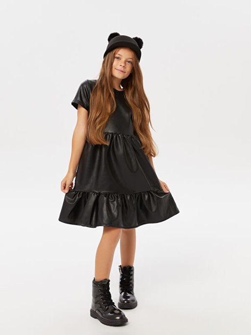 Bisiklet Yaka Basic K?sa Kollu Deri G?r?n?ml? K?z ?ocuk Elbise