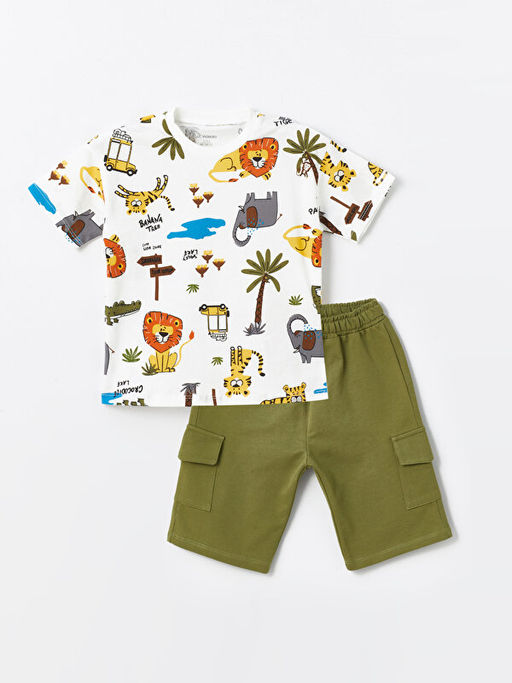 Bisiklet Yaka Bask?l? Erkek Bebek Ti??rt ve ?ort 2li Tak?m