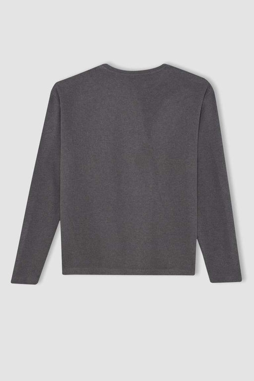 Женская однотонная футболка с длинными рукавами из ткани селаник антрацита стандартного кроя с круглым вырезом - Defacto фото 10