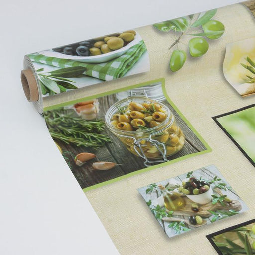 Клеёнка на стол Доляна «Оливки», на тканевой основе, рулон 20 м, ширина 137 см, общая толщина 0.22 мм, зелёная