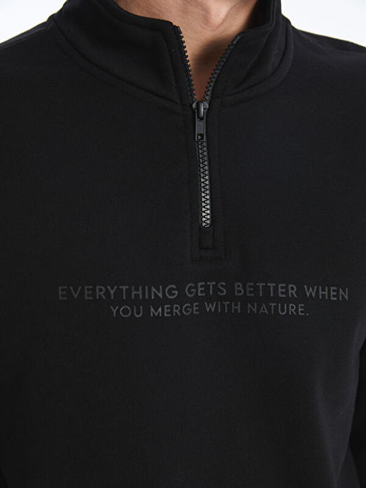 Dik Yaka Uzun Kollu Bask?l? Erkek Kal?n Sweatshirt