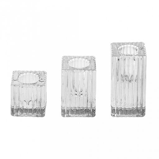 Подсвечник стеклянный "Галерея" набор 3 штуки: h7,8см, h6,1см, h4,1см; чаша 3,7х3,7х3,7см, основание 3,7х3,7см, ребристый (Китай)