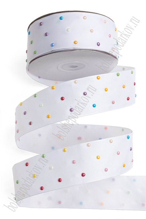 Лента репсовая с жемчужными полубусинами 3,8 см*20 ярд (SF-7027-1) белый №01/микс