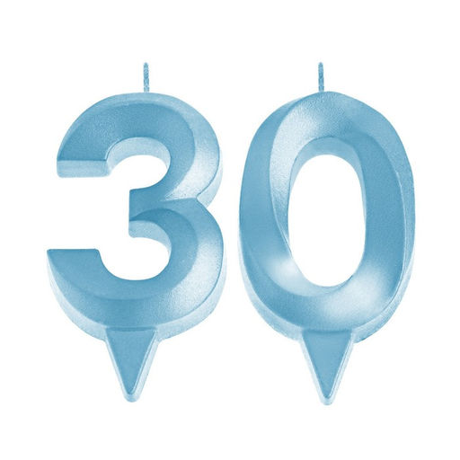 Свеча в торт юбилейная «Грань» (набор 2 в 1), цифра 30, голубой металлик, 6.5 см