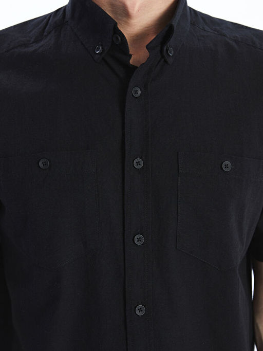 Regular Fit K?sa Kollu Keten G?r?n?ml? Erkek G?mlek