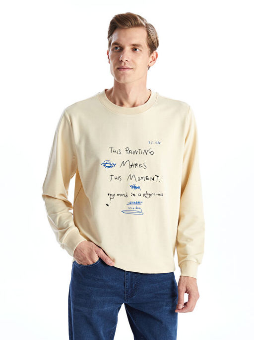 Bisiklet Yaka Uzun Kollu Bask?l? Erkek Sweatshirt