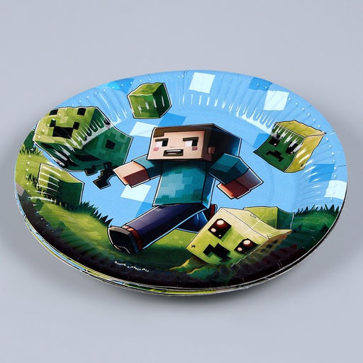 Набор бумажной посуды Майнкрафт: 6 тарелок, 1 гирлянда, 6 стаканов, 6 колпаков - Страна карнавалия фото 3