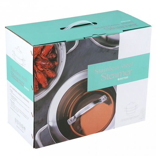 Кастрюля из нержавеющей стали "Аксай" 8л, д27,5см, h17см, s0,35мм, матовая полировка, стеклянная крышка (общая h21см), металлические ручки, с теплораспределительным дном 0,5см, цветная коробка (Китай)