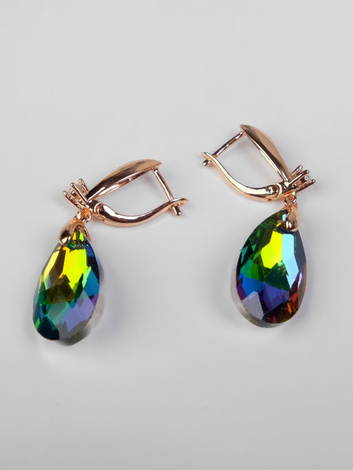 Серьги со стразами «Иллюзион» капля на овале, бело-бензиновые в розовом золоте