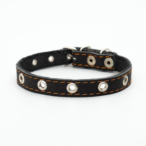 Ошейник кожаный однослойный с рифлеными люверсами, безразмерный, 40 х 1,5 см, ОШ 27-35 см, чёрный 7 - Пижон фото 2